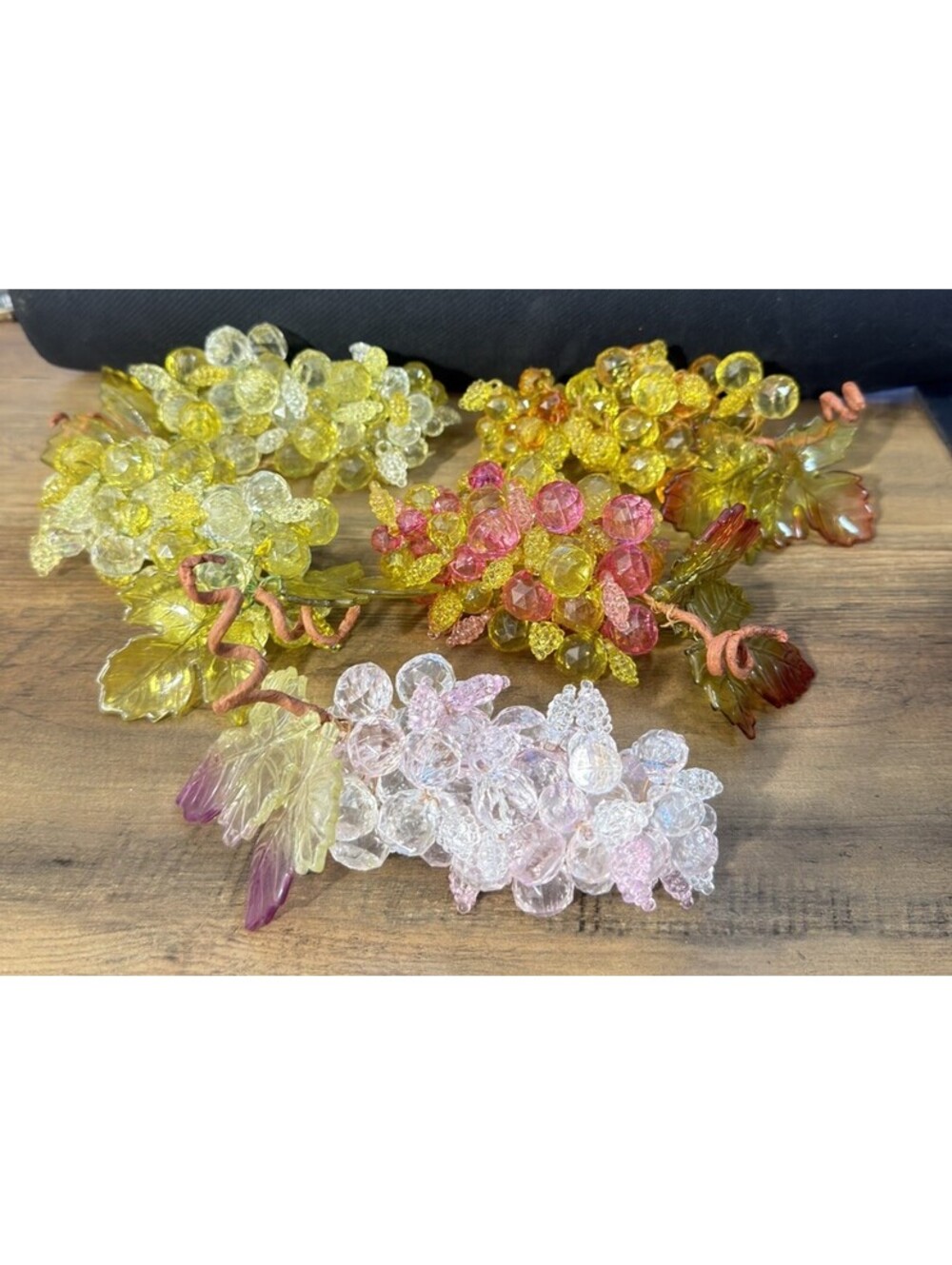 5 Vintage MCM Acrylic Lucite Faceted Grape Clusters Clear w/ Leaves Vines